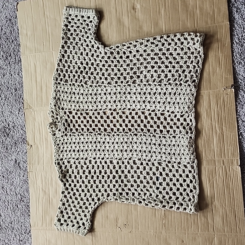 Chico's black label taupe open front crochet sweater gold metallic-1 - Picture 3 of 8
